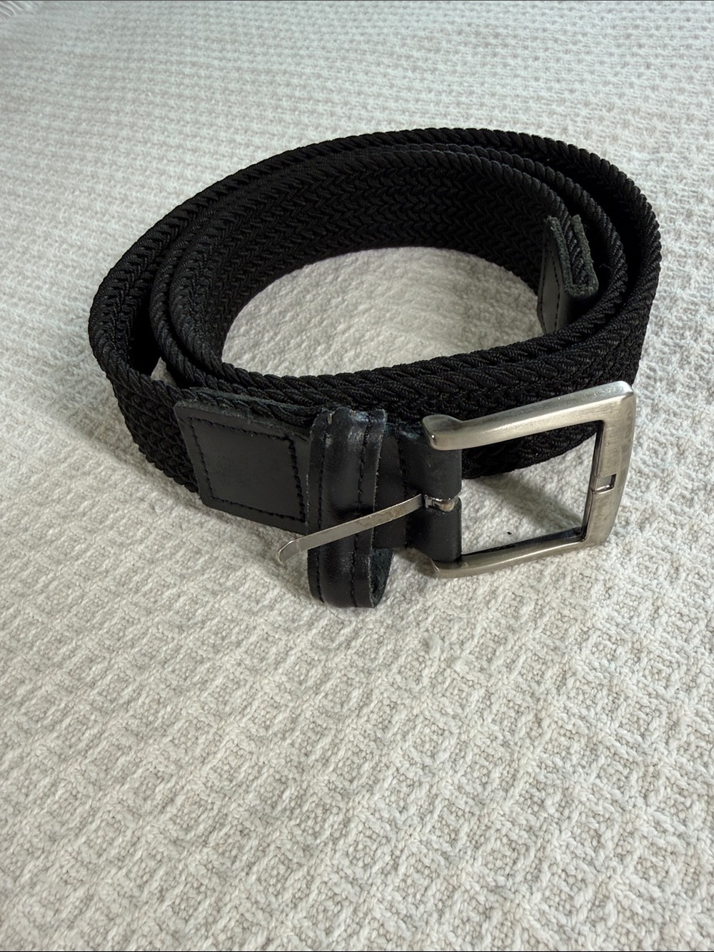 Black leather and woven stretch nylon belt size 42